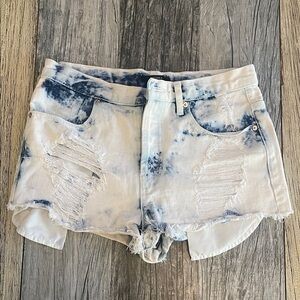Foreign Exchange Blue and White Tie-Dye Distressed Denim Shorts